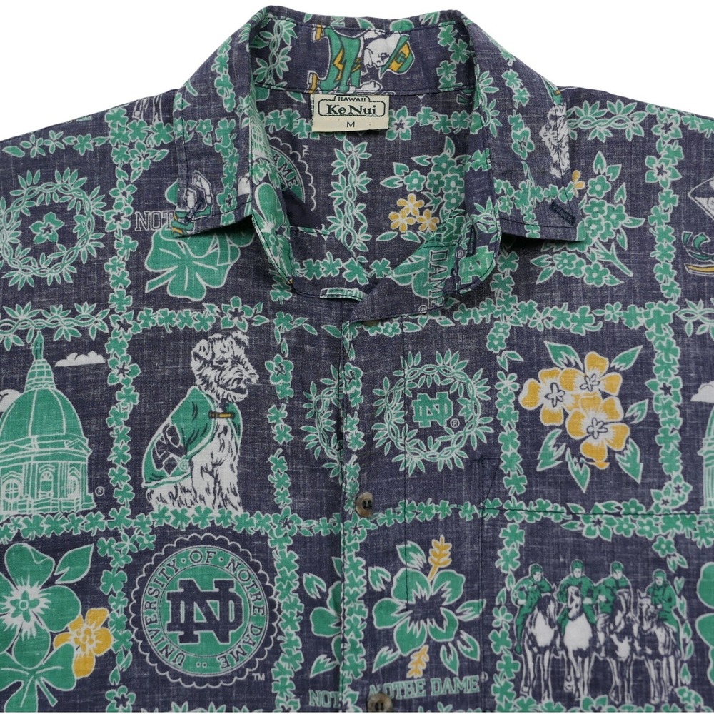 Ke Nui Hawaii Notre Dame Fighting Irish Aloha Shirt Mens M Blue Green Cotton USA